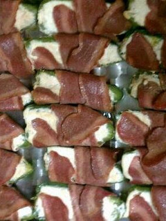 A picture of Larry's bacon wrapped stuffed jalapeno peppers..