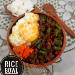 A picture of Rice bowl buncis daging cincang + telur.