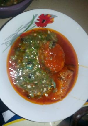 A picture of Okro soup mix with stew.