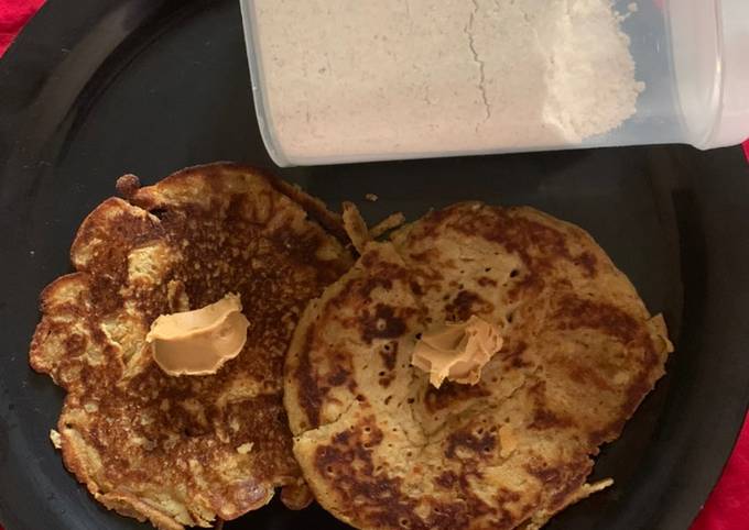 Healthy pancake premix with pancakes topped with peanut butter Recipe