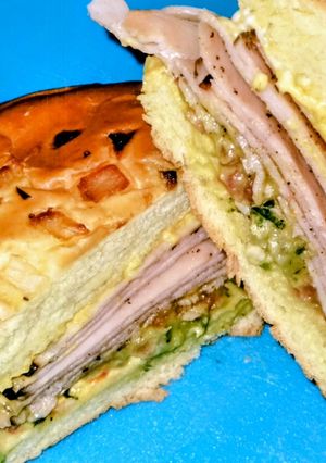 A picture of Turkey Sandwich on Onion Roll.