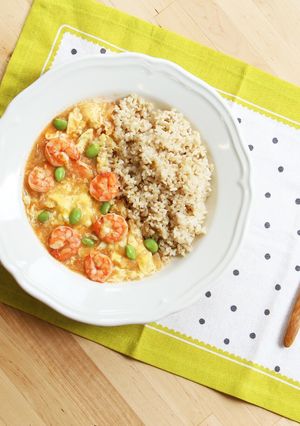 A picture of Scrambled Eggs & Shrimp Over Rice.