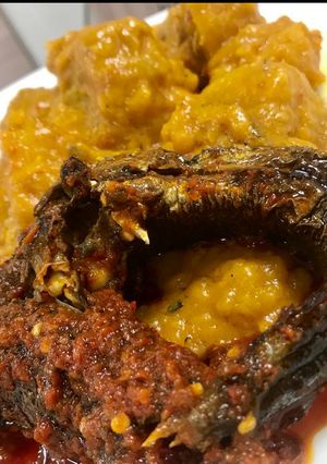A picture of Porriage plantain and smoked fish.