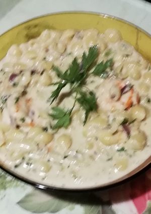 صورة لوصفة مكرونة بالوايت صوص والجمبري