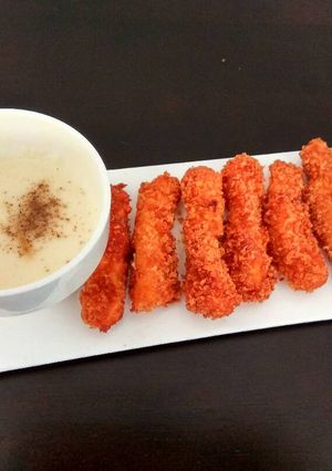 A picture of Crispy Chicken Finger With Cheese Dipping Sauce.