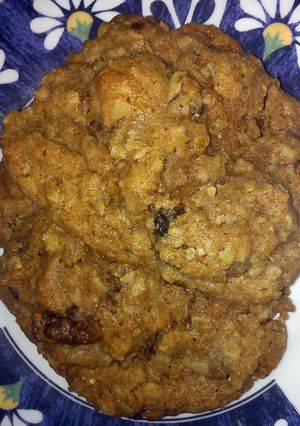 A picture of whole wheat oatmeal raisins walnuts applesauce cookies.