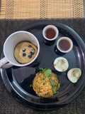 Chinese poha with bluberry mug pancake boiled egg and black coffee with tips for boiling eggs