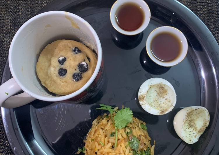 Chinese poha with bluberry mug pancake boiled egg and black coffee with tips for boiling eggs