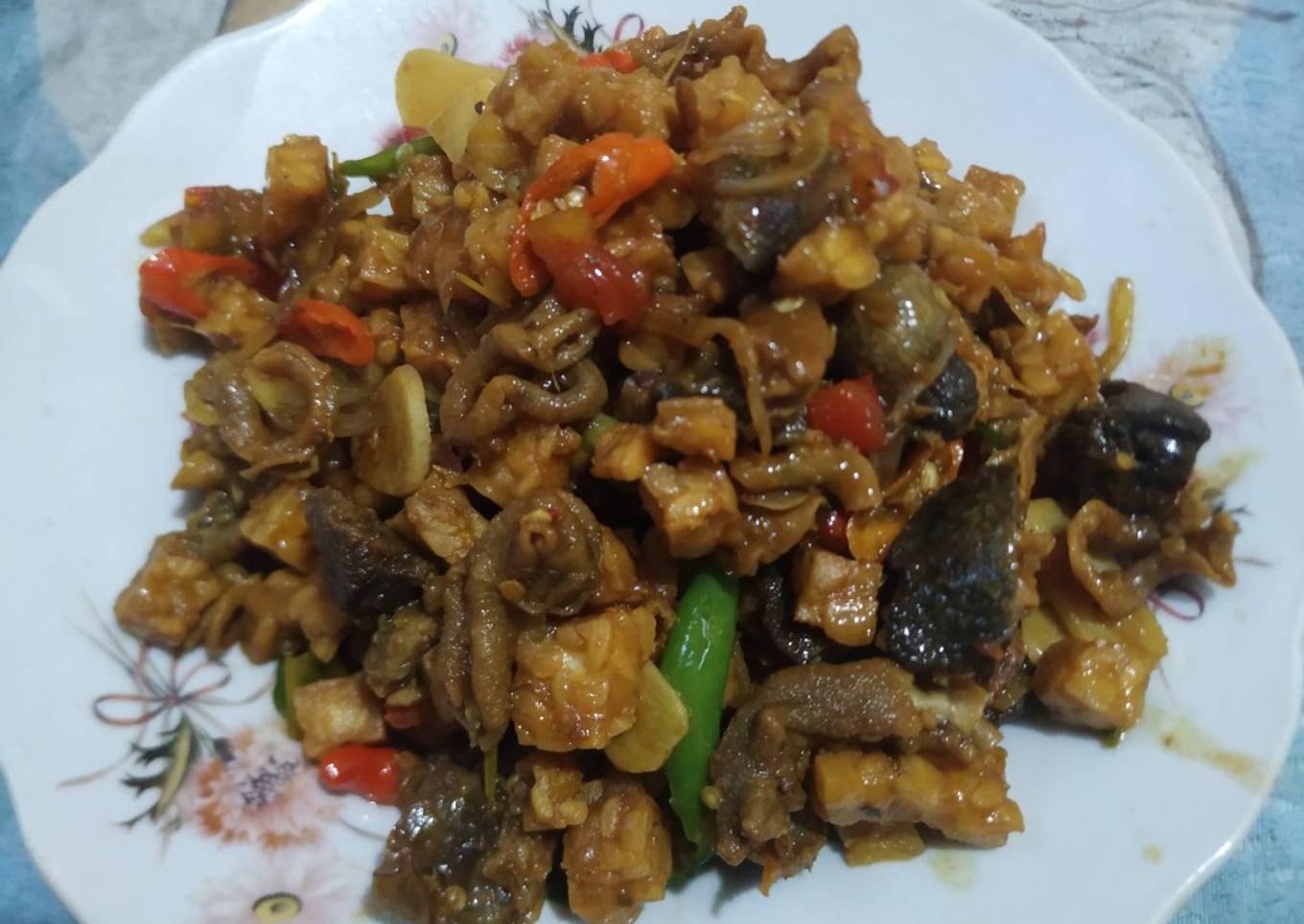 Tumis tempe ati ampela usus ayam