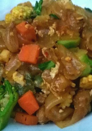 A picture of Vegeterian Wide Noodles with Vegetables and Soy Protein.
