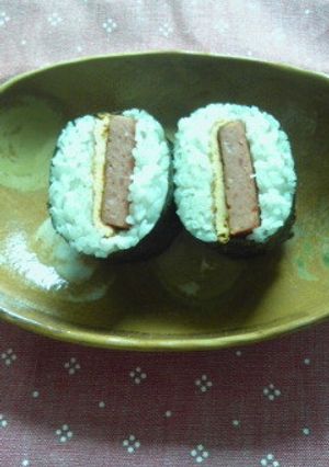 A picture of Our Family’s Pork and Egg Onigiri.