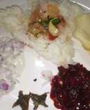 Rice with guava saru Beetroot palya Onion raita,Papad Pickle