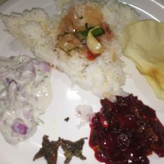 Rice with guava saru Beetroot palya Onion raita,Papad Pickle A picture of Rice with guava saru Beetroot palya Onion raita,Papad Pickle.