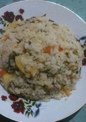 A picture of Rice, potatoes and spinach.