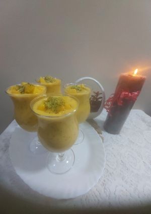 A picture of Totapuri mango with sago and chia seeds Milk custard pudding.