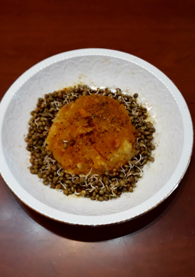 Una foto de Puré de calabaza roja, patata y lentejas germinadas