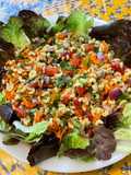Salade de coquillettes aux carottes, tomates bicolores et oignon rouge
