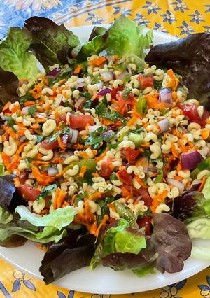 Une photo de Salade de coquillettes aux carottes, tomates bicolores et oignon rouge