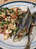 Roasted sardines with herby date + bulgur salad