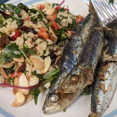 A picture of Roasted sardines with herby date + bulgur salad.