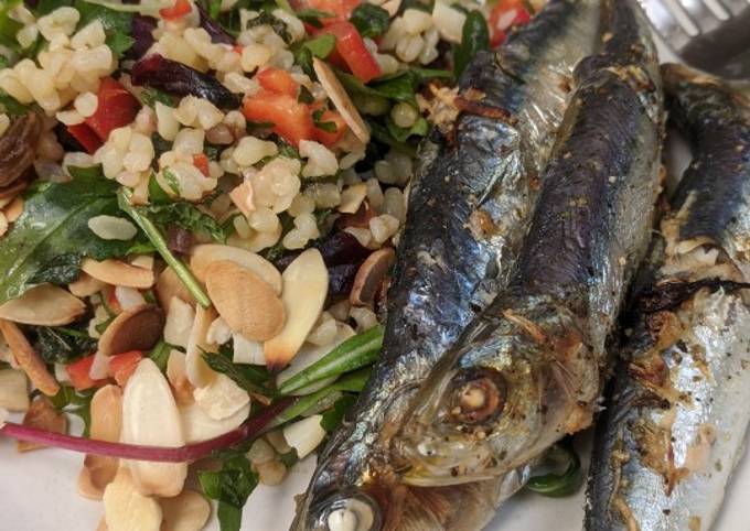 Roasted sardines with herby date + bulgur salad