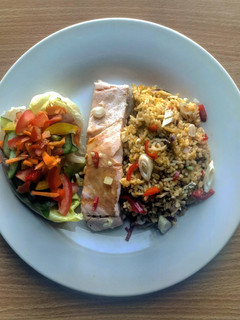A picture of Coconut Rice with Salmon.
