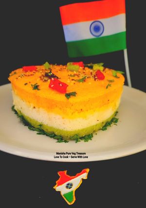 A picture of Heart Shaped 3 Layers Tricolor Dhokla Savory Cake - 80th Independence Day Special.