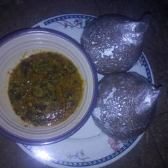 A picture of Alabo and vegetable soup.