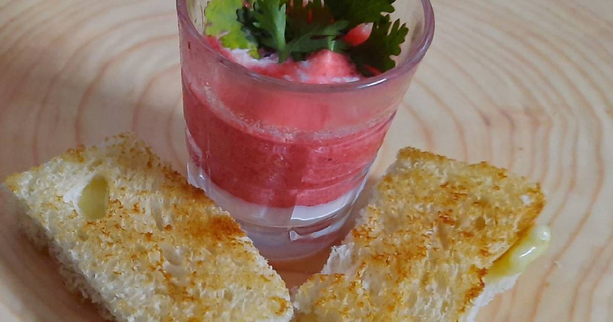 Tomato beetroot soup shooter with cheese bread Recipe by Drpriyanka