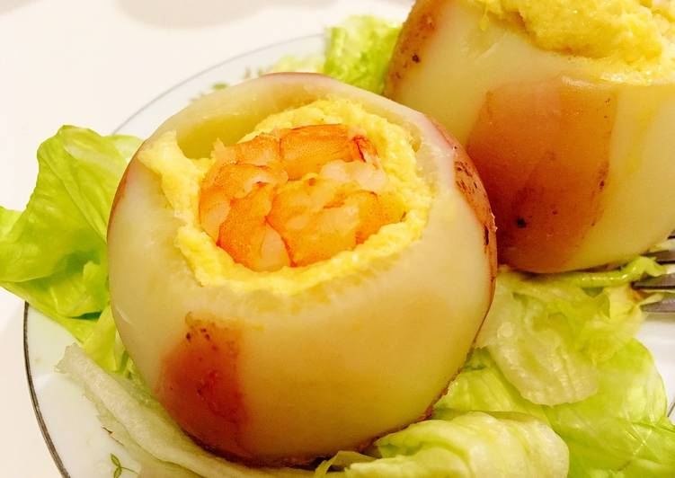 Savory steamed egg custard with shrimp in radish cup