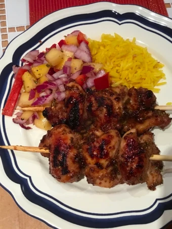 Simple Way Make Recipe Sticky Chicken thigh skewers, rice and mango salsa that is Can Pamper Your Tongue, Can Spoil the Tongue}