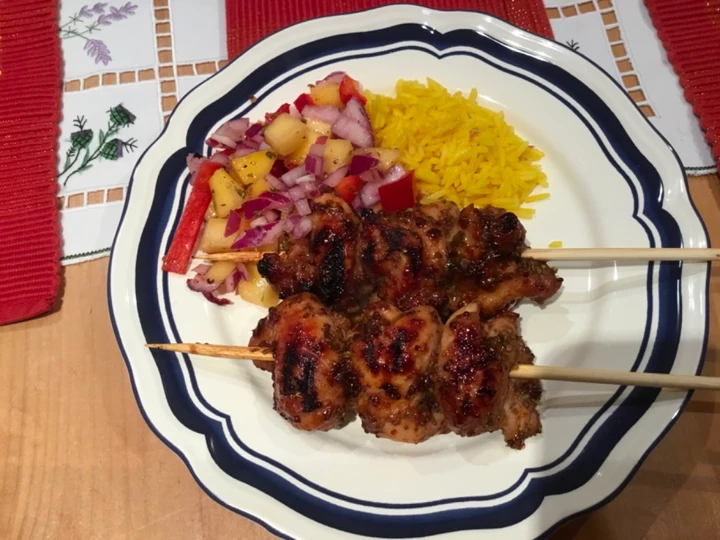 Simple Way Make Recipe Sticky Chicken thigh skewers, rice and mango salsa that is Can Pamper Your Tongue, Can Spoil the Tongue}