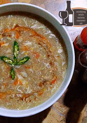 A picture of Desi chicken corn soup.