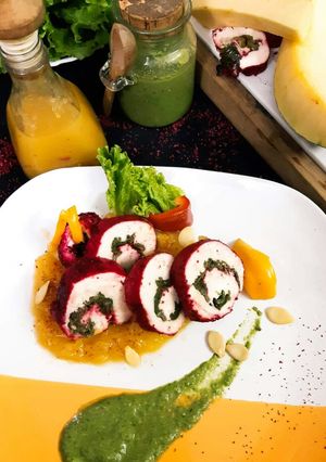 A picture of Sumac Chicken Roulade In Pumpkin Puree.