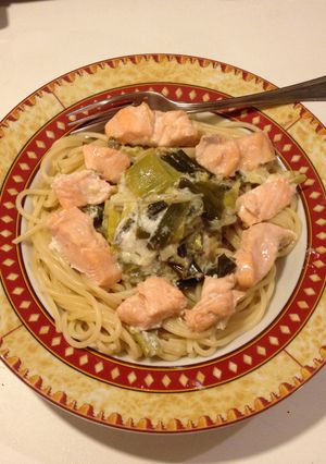 Une photo de Spaghetti à la fondue de poireaux et truite fraîche