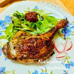 A picture of Duck legs in soy and honey sauce.
