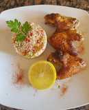Alitas de pollo, con couz couz, al grill, sobre brasas