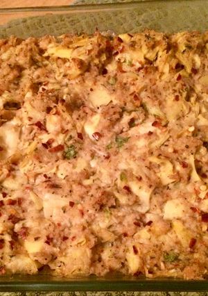 A picture of Armand's Artichoke Stuffing Casserole.