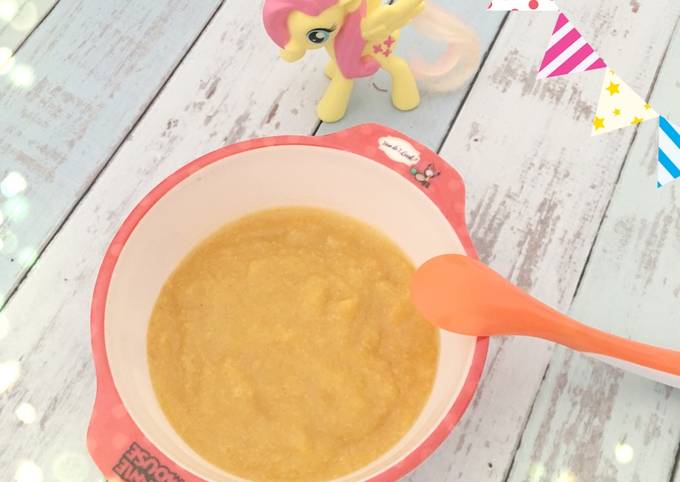 MPASI Zoe (6M+) : Bubur Butternut squash + Jagung susu + Kaldu ayam