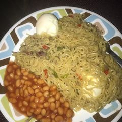 A picture of Pepper Noodles with Baked Beans.