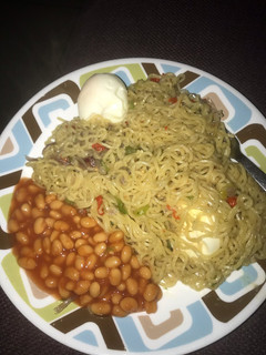 A picture of Pepper Noodles with Baked Beans.