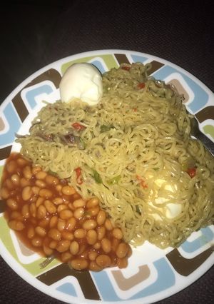 A picture of Pepper Noodles with Baked Beans.
