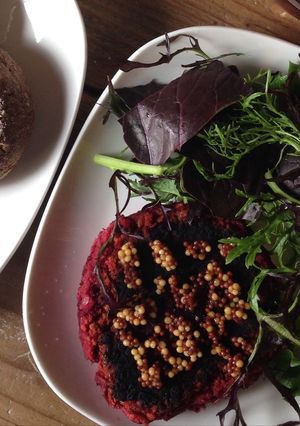 A picture of Beet and Bean Veggie Burgers.