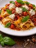 Pappardelle ao Molho Rústico de Tomate Assado com Queijo de Cabra e Manjericão