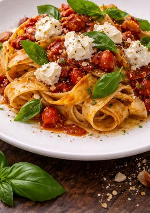 Foto de Pappardelle ao Molho Rústico de Tomate Assado com Queijo de Cabra e Manjericão