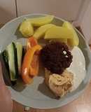 Beef burgers with side and garlic dip