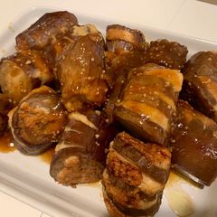 A picture of Stuffed Eggplant with shrimp.