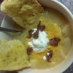 A picture of Crock pot cheesy bake potato soup.