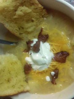 A picture of Crock pot cheesy bake potato soup.