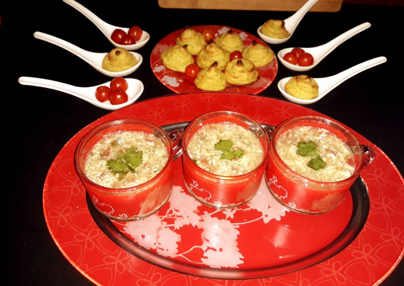 Tomato egg soup  with  buttery patatos  swirls